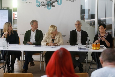 DI Raffaela Lackner (GF Architektur Haus Kärnten), Mag. Helmuth Micheler (Leiter Tourismusregion), Dr. Maria-Luise Mathiaschitz, DI Georg Wald (stellv. Leiter Stadtplanung) und  Mag. Beatrix Obernosterer (Leiterin Stadtgalerie)